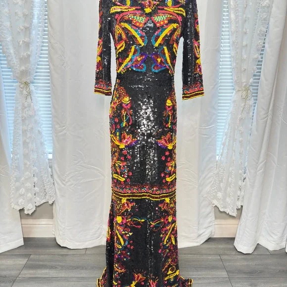 Alice and Olivia Beaded Sequin Embroidered Gown Dress Black Multicolor Size 8